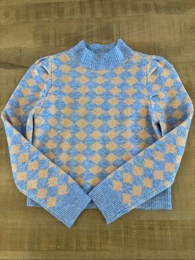 THML Diamond Pattern Puff -Sleeve Blue & Peach Sweater Preppy Feminine XS